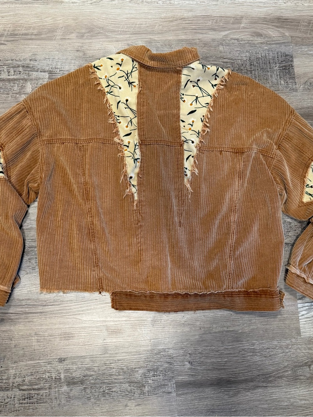 POL Oversized Corduroy Distressed Patchwork Floral Shacket Boho Raw Edge Jacket - Picture 8 of 12